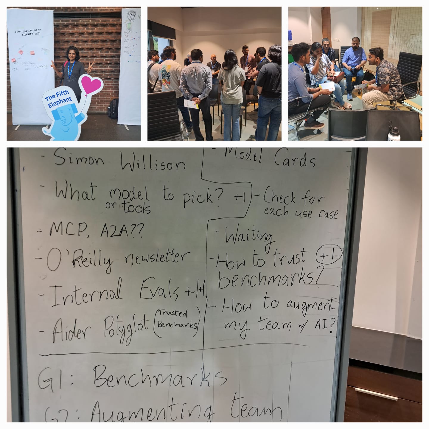 Collage from the Birds of a Feather session showing co-facilitator Lavanya Tekumala, developers discussing benchmarks and AI-assisted coding, and a whiteboard featuring the word 'benchmark' three times